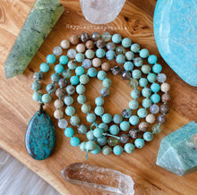 Load image into Gallery viewer, Songbird Mala Necklace - 108 - Robins Egg Agate, Chrysocolla, AAA Aqua Amazonite, Faceted Prehnite, Rainbow Moonstone, Mystic Mocha Agate, Fossil Coral, Riverstone