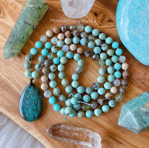 Songbird Mala Necklace - 108 - Robins Egg Agate, Chrysocolla, AAA Aqua Amazonite, Faceted Prehnite, Rainbow Moonstone, Mystic Mocha Agate, Fossil Coral, Riverstone