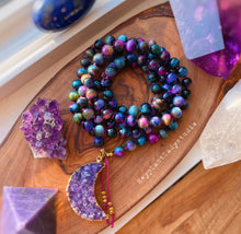 Load image into Gallery viewer, Pre - Order - Mystical Goddess - 108 Mala Necklace - Galaxy Tigers Eye + Amethyst Moon + 24K Gold Plated