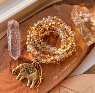 Pre-Order - Luck + Abundance - Citrine Mala + 24K Gold + Matte Quartz + Lucky Elephant