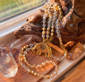 Pre-Order - Luck + Abundance - Citrine Mala + 24K Gold + Matte Quartz + Lucky Elephant