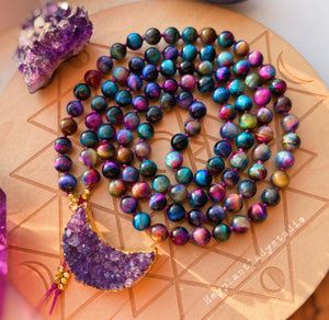 MADE TO ORDER - Mystical Goddess - 108 Mala Necklace - Galaxy Tigers Eye + Amethyst Moon + 24K Gold Plated