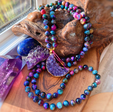 Pre - Order - Mystical Goddess - 108 Mala Necklace - Galaxy Tigers Eye + Amethyst Moon + 24K Gold Plated