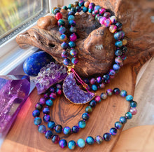 Load image into Gallery viewer, MADE TO ORDER - Mystical Goddess - 108 Mala Necklace - Galaxy Tigers Eye + Amethyst Moon + 24K Gold Plated