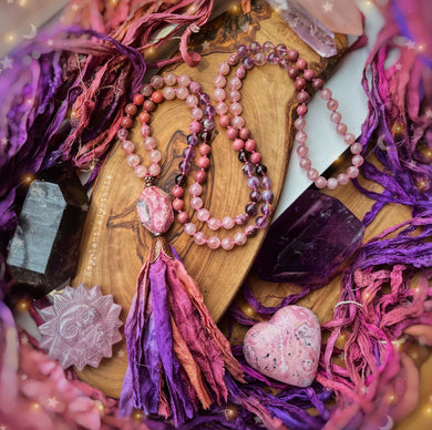 Sunset Skies - 108 Mala Necklace -  Madagascar Rose Quartz + Rhodonite Prisms + Super Seven + Smoky Quartz + Sunset Sari Tassel