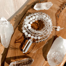 Load image into Gallery viewer, Radiant Light - 45mm Clear Quartz + Agate + Rainbow Moonstone Mala Necklace