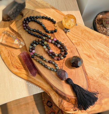 Abundance Flows Mala Necklace - Watermelon Tourmaline + Citrine + Pyrite + Garnet + Onyx Tassel Mala