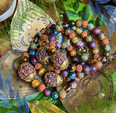 Sacred Seeds - Tibetan Capped Rudraksha + Tigers Eye + Watermelon Tourmaline + Garnet + Dzi Agate