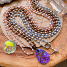 Load image into Gallery viewer, Sterling Silver Starfish + Blue/Gray Freshwater Pearl Silk Mala Necklace/Layering Necklace - 108 - 7mm Beads