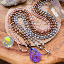 Load image into Gallery viewer, Sterling Silver Starfish + Blue/Gray Freshwater Pearl Silk Mala Necklace/Layering Necklace - 108 - 7mm Beads