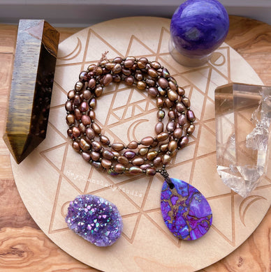 Kingman Turquoise Mohave Purple + Rainbow Toffee Freshwater Pearl Mala Necklace/Layering Necklace - 108 - 7mm Beads