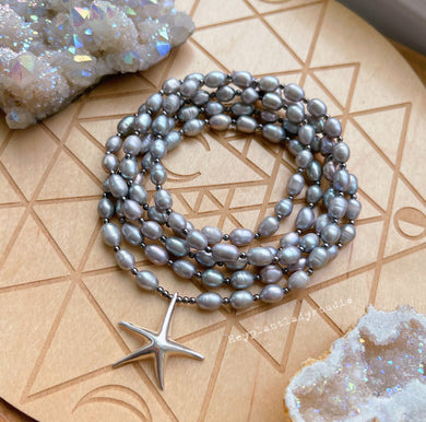 Sterling Silver Starfish + Blue/Gray Freshwater Pearl Silk Mala Necklace/Layering Necklace - 108 - 7mm Beads