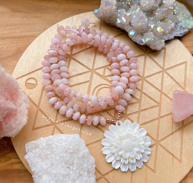 Diamond Cut Pink Morganite + Exquisite Floral Shell Carving + Gold Hematite - 108 8mm Rondelle Mala Necklace