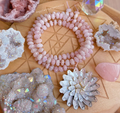 Diamond Cut Pink Morganite + Exquisite Floral Shell Carving + Gold Hematite - 108 8mm Rondelle Mala Necklace