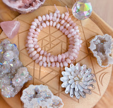 Load image into Gallery viewer, Diamond Cut Pink Morganite + Exquisite Floral Shell Carving + Gold Hematite - 108 8mm Rondelle Mala Necklace
