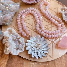 Load image into Gallery viewer, Diamond Cut Pink Morganite + Exquisite Floral Shell Carving + Gold Hematite - 108 8mm Rondelle Mala Necklace