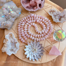 Load image into Gallery viewer, Diamond Cut Pink Morganite + Exquisite Floral Shell Carving + Gold Hematite - 108 8mm Rondelle Mala Necklace