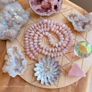 Diamond Cut Pink Morganite + Exquisite Floral Shell Carving + Gold Hematite - 108 8mm Rondelle Mala Necklace