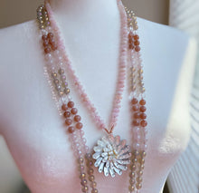 Load image into Gallery viewer, Diamond Cut Pink Morganite + Exquisite Floral Shell Carving + Gold Hematite - 108 8mm Rondelle Mala Necklace
