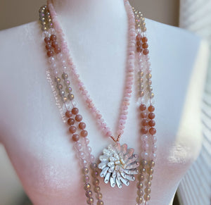 Diamond Cut Pink Morganite + Exquisite Floral Shell Carving + Gold Hematite - 108 8mm Rondelle Mala Necklace