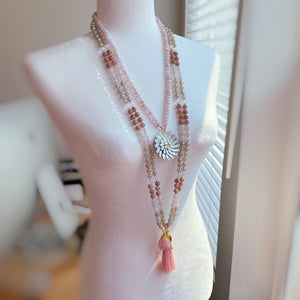 The Pink Buddha - Antique Gold Buddha, 24K Gold Pink Silk Tassel, Mystic Rose Quartz, Sunstone, Clear Quartz, Mystic Toffee Agate - 108 Mala Necklace