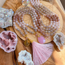 Load image into Gallery viewer, The Pink Buddha - Antique Gold Buddha, 24K Gold Pink Silk Tassel, Mystic Rose Quartz, Sunstone, Clear Quartz, Mystic Toffee Agate - 108 Mala Necklace