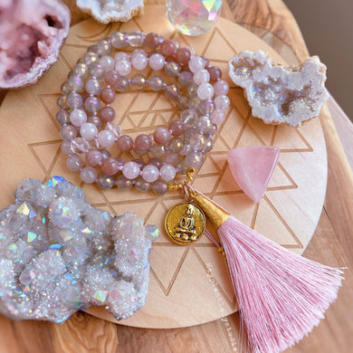 The Pink Buddha - Antique Gold Buddha, 24K Gold Pink Silk Tassel, Mystic Rose Quartz, Sunstone, Clear Quartz, Mystic Toffee Agate - 108 Mala Necklace