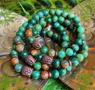 Deep Breaths Mala Bracelet - African Green Opal + African Green Jade + Copper Buddha