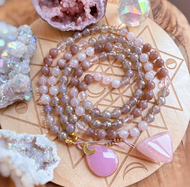 The Pink Moon - Rose Chalcedony, Mystic Rose Quartz, Sunstone, Clear Quartz, Mystic Toffee Agate, 24K Gold Plating - 108 Mala Necklace