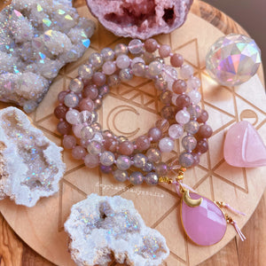 The Pink Moon - Rose Chalcedony, Mystic Rose Quartz, Sunstone, Clear Quartz, Mystic Toffee Agate, 24K Gold Plating - 108 Mala Necklace