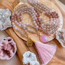 Load image into Gallery viewer, The Pink Buddha - Antique Gold Buddha, 24K Gold Pink Silk Tassel, Mystic Rose Quartz, Sunstone, Clear Quartz, Mystic Toffee Agate - 108 Mala Necklace