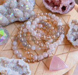 Pink Peonies - Mystic Rose Quartz, Gold Aura Quartz, Rainbow Moonstone, and Rainbow Toffee Agate - Stretch Bracelet