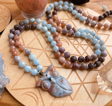Load image into Gallery viewer, Wisdom + Intuition - Ocean Jasper Owl - Aquamarine, Sunstone, Botswana Agate, Brown Snowflake Obsisian 108 - Mala Necklace