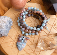 Load image into Gallery viewer, Wisdom + Intuition - Ocean Jasper Owl - Aquamarine, Sunstone, Botswana Agate, Brown Snowflake Obsisian 108 - Mala Necklace