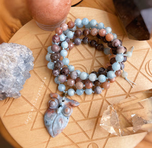 Wisdom + Intuition - Ocean Jasper Owl - Aquamarine, Sunstone, Botswana Agate, Brown Snowflake Obsisian 108 - Mala Necklace