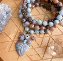 Load image into Gallery viewer, Wisdom + Intuition - Ocean Jasper Owl - Aquamarine, Sunstone, Botswana Agate, Brown Snowflake Obsisian 108 - Mala Necklace