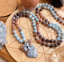 Load image into Gallery viewer, Wisdom + Intuition - Ocean Jasper Owl - Aquamarine, Sunstone, Botswana Agate, Brown Snowflake Obsisian 108 - Mala Necklace