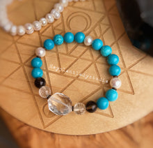 Load image into Gallery viewer, 8mm Turquoise + Freshwater Pearl + Smoky Quartz + Diamond Cut Clear Quartz Stretch Bracelet