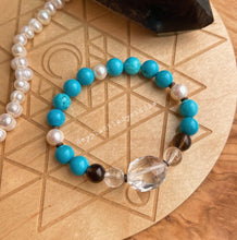 Load image into Gallery viewer, 8mm Turquoise + Freshwater Pearl + Smoky Quartz + Diamond Cut Clear Quartz Stretch Bracelet