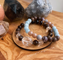 Load image into Gallery viewer, Bracelet SET of (2) - Diamond Cut Clear Quartz, Smoky Quartz, Sunstone, Aquamarine, Botswana Agate, Brown Snowflake Obsidian - Stretch Bracelets