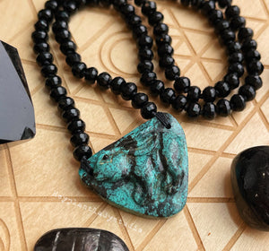 Clever + Creative - Turquoise Rabbit Carving - 6mm Diamond Cut Onyx  108 - 22” Mala Necklace