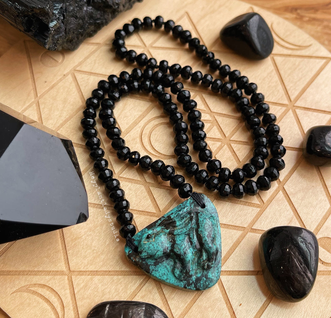 Clever + Creative - Turquoise Rabbit Carving - 6mm Diamond Cut Onyx  108 - 22” Mala Necklace