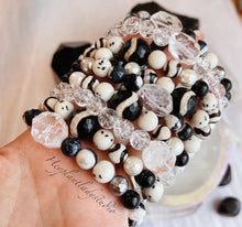 Load image into Gallery viewer, Le Dalmatien - Dzi Tibetan Agate + Dalmatian Jade + Mother of Pearl + Dzi Zebra Agate + Black Tourmaline Stretch Bracelet