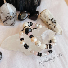 Load image into Gallery viewer, Tres Chic SET of 2- Dzi Tibetan Agate + Dalmatian Jade + Freshwater Pearl + Dzi Zebra Agate + Black Tourmaline Black &amp; White Fire Agate, Rose Quartz, Morganite Stretch Bracelet