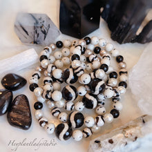 Load image into Gallery viewer, Le Dalmatien - Dzi Tibetan Agate + Dalmatian Jade + Mother of Pearl + Dzi Zebra Agate + Black Tourmaline Stretch Bracelet