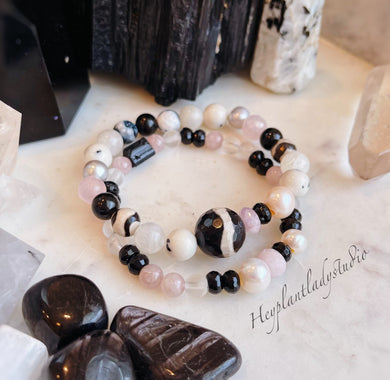 Tres Chic SET of 2- Dzi Tibetan Agate + Dalmatian Jade + Freshwater Pearl + Dzi Zebra Agate + Black Tourmaline Black & White Fire Agate, Rose Quartz, Morganite Stretch Bracelet