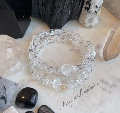 Diamonds are a Girls Best Friend - Fire & Ice Quartz + Diamond Cut Clear Quartz Stretch Bracelet