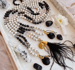 Golden Glamour - Antique Gold Buddha Coin, 24K Gold Black Feather Tassel, Mystic Rose Quartz, Dalmatian Jade, Black Tourmaline, Freshwater Pearls