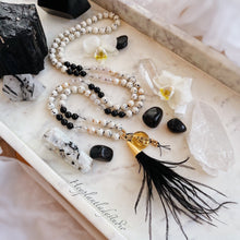 Load image into Gallery viewer, Golden Glamour - Antique Gold Buddha Coin, 24K Gold Black Feather Tassel, Mystic Rose Quartz, Dalmatian Jade, Black Tourmaline, Freshwater Pearls