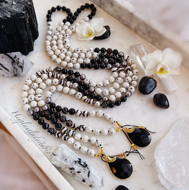 Le Dalmatien - 108 Mala Necklace - Dalmatian Jade + Sardonyx + Black Tourmaline +Dzi Zebra Agate + Mother of Pearl + Black Onyx + Crescent Moon 24K Gold Plating - 108 Mala Necklace